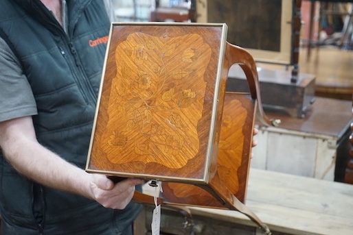 A Louis XV style marquetry inlaid brass mounted kingwood two tier table, width 25cm, depth 33cm, height 69cm